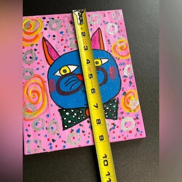 Cat Painting On Wood Nursery Pink Pop Art 9 X 7.5 Whimsical Swirls Dots Fun - Picture 13 of 15